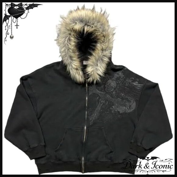 Men's Zip Up Hoodie with Fur Collar Graphic Design Oversized Fit